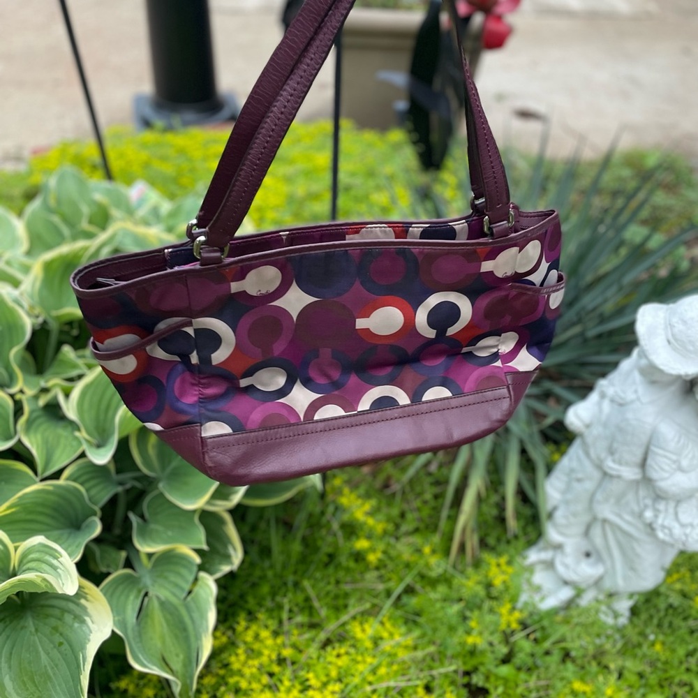 Coach signature scarf print  Purple Patterned Tote Bag leather trim 18 X 9 - Picture 4 of 7